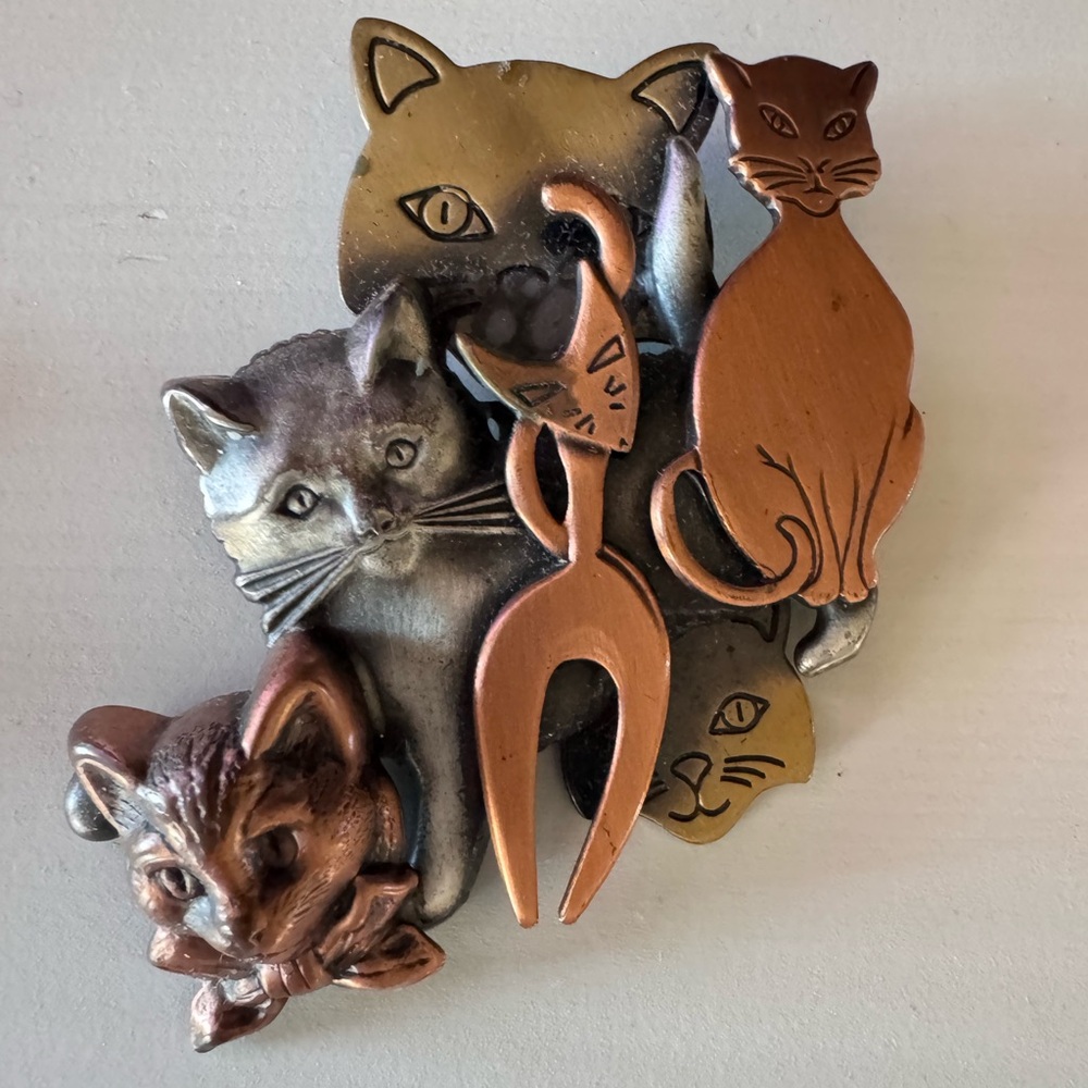 Cat-Themed Bronze and Silver Brooch